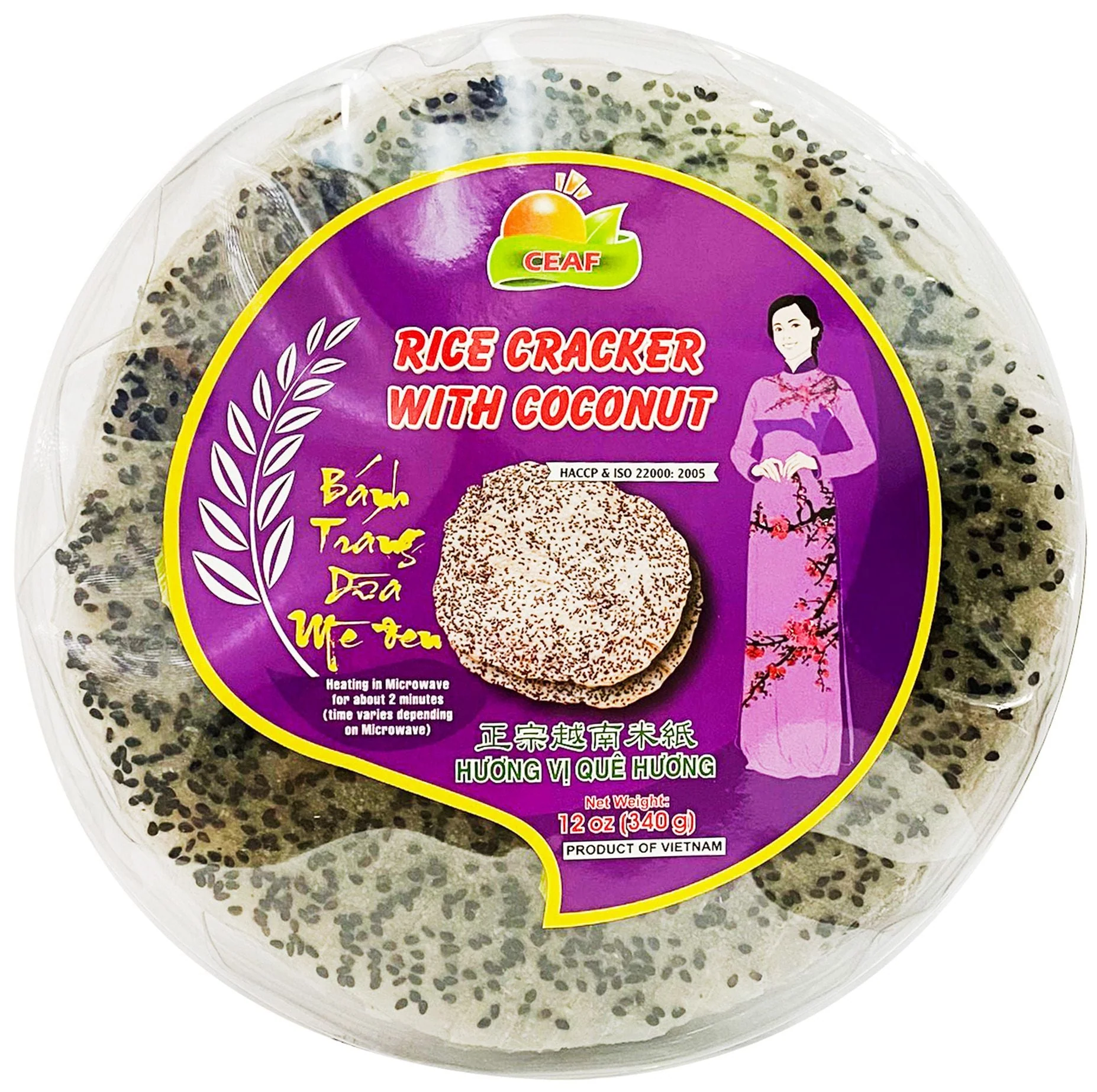Ceaf Rice Cracker Black Sesame With Coconut 22cm 340g (Bánh Tráng Dừa Mè Đen)